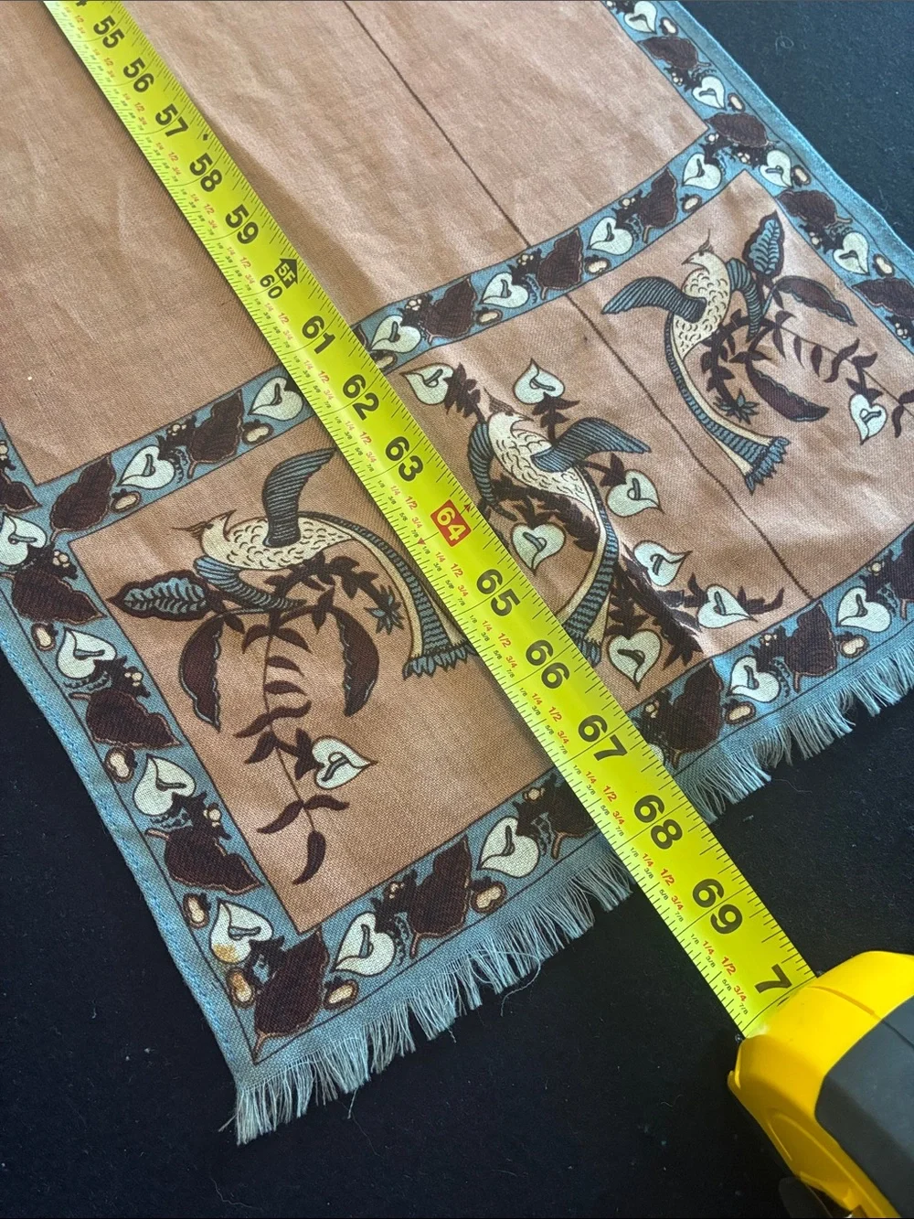 Vintage Long Linen Brown and Blue Bird Motif Scarf